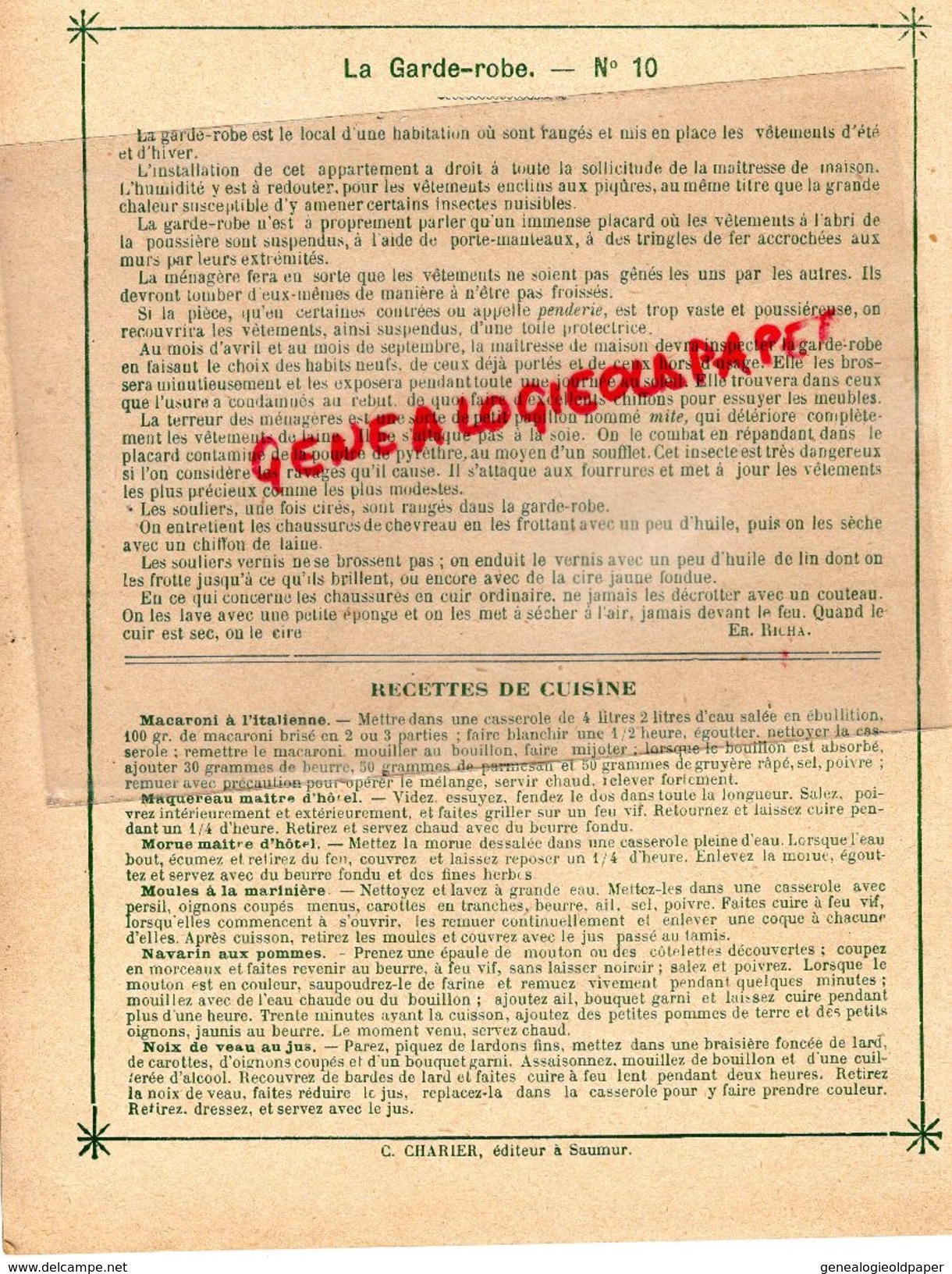 PROTEGE CAHIER-IMPRIMERIE DUCOURTIEUX LIMOGES- MAITRESSE DE MAISON-GARDE ROBE- -CHARIER SAUMUR - Collections, Lots & Séries