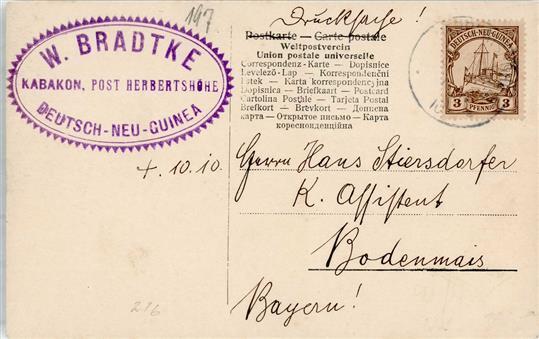 Kolonien Deutsch Neuguinea Erholungsheim Toma Bei Herbertshöhe Violetter Absenderstempel Von Wilhelm Bradtke 1910 I- R!R - Storia