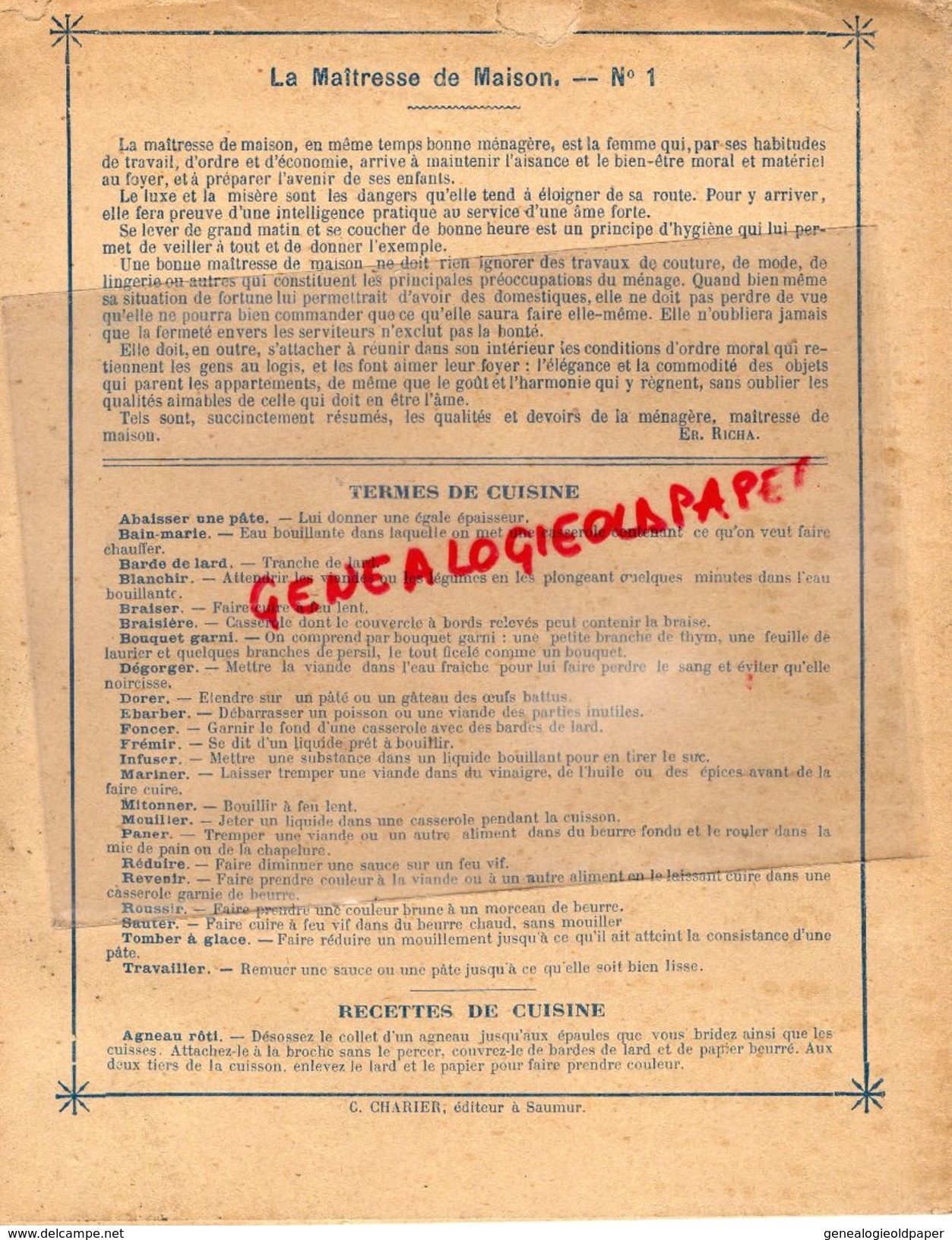 PROTEGE CAHIER-IMPRIMERIE DUCOURTIEUX LIMOGES- MAITRESSE DE MAISON-MAITRESSE DE MAISON -CHARIER SAUMUR - Collezioni & Lotti