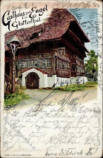 Schwarzwaldhaus, Farbige Künstlerkarte (Gasthaus Zum Engel Im Glottertal, Sign. K. Biese), 5 Pf Grün, DB FREIBURG 17.10. - Geschiedenis