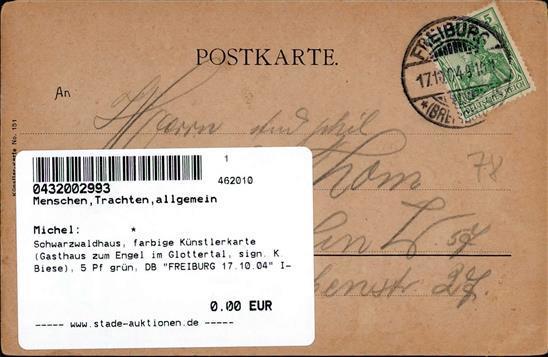 Schwarzwaldhaus, Farbige Künstlerkarte (Gasthaus Zum Engel Im Glottertal, Sign. K. Biese), 5 Pf Grün, DB FREIBURG 17.10. - Storia