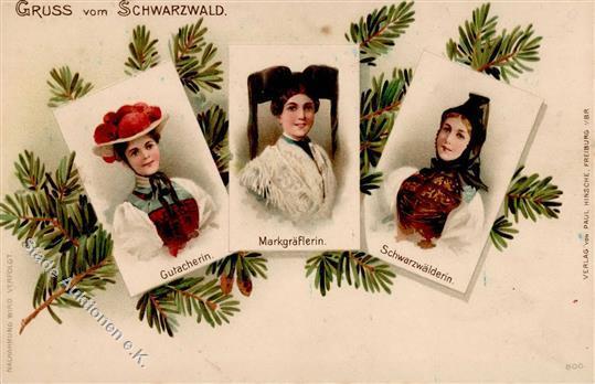Trachten Gruss Vom Schwarzwald Farbig (Gutacherin, Markgräflerin, Schwarzwälderin), Ungebraucht, Ca. 1900 I-II Montagnes - Storia