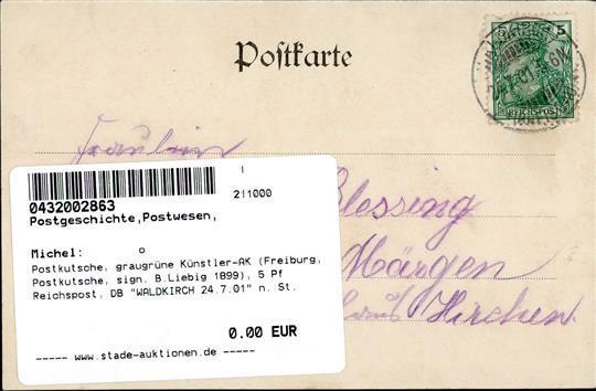 Postkutsche, Graugrüne Künstler-AK (Freiburg, Postkutsche, Sign. B.Liebig 1899), 5 Pf Reichspost, DB WALDKIRCH 24.7.01"  - Non Classificati