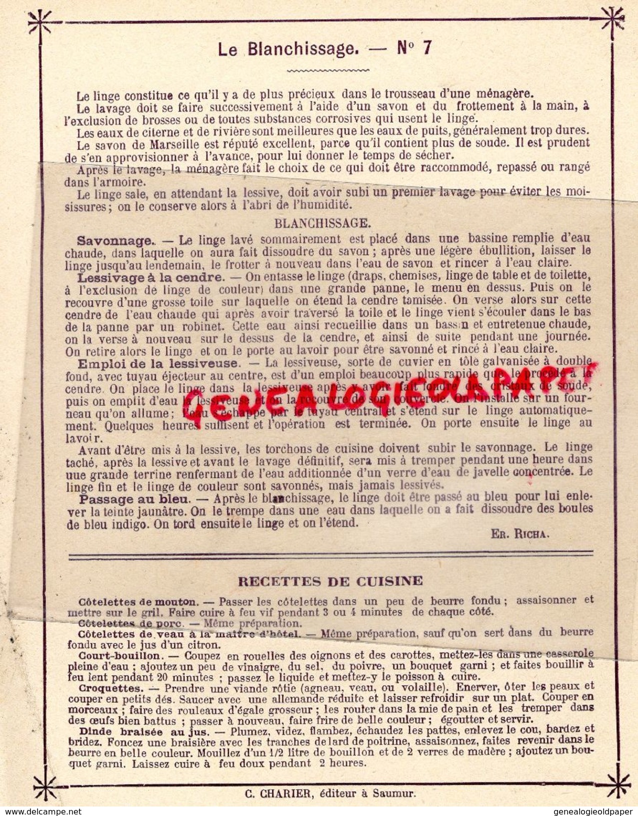 PROTEGE CAHIER-IMPRIMERIE DUCOURTIEUX LIMOGES- MAITRESSE DE MAISON-BLANCHISSAGE SAVONNAGE LESSIVAGE -CHARIER SAUMUR - Colecciones & Series