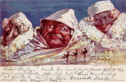 Berggesichter Sign. Hansen Jungfrau Mändi Und Eiger Künstler-Karte 1897 I-II Face à La Montagne - Vertellingen, Fabels & Legenden