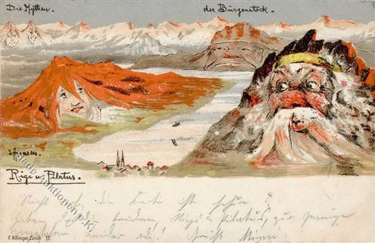 Berggesichter Sign. Hansen Rigi Und Pilatus Künstler-Karte 1897 I-II Face à La Montagne - Vertellingen, Fabels & Legenden