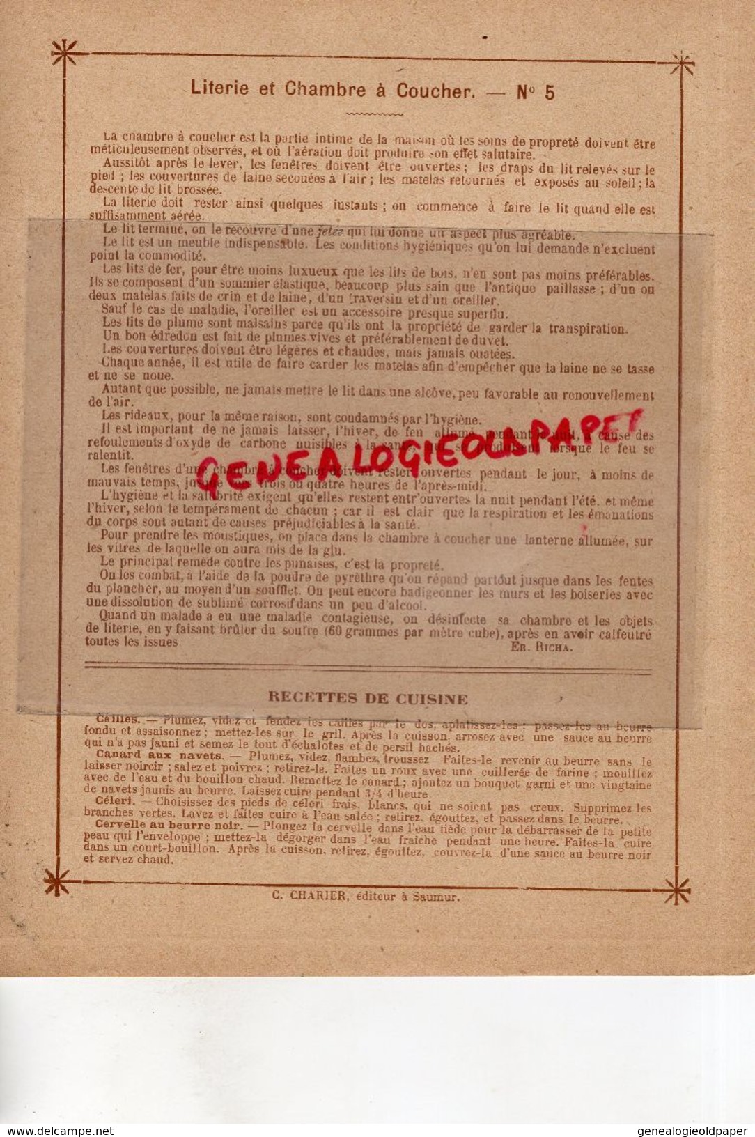 PROTEGE CAHIER-IMPRIMERIE DUCOURTIEUX LIMOGES- MAITRESSE DE MAISON-LITERIE CHAMBRE A COUCHER -CUISINE-CHARIER SAUMUR - Verzamelingen & Reeksen