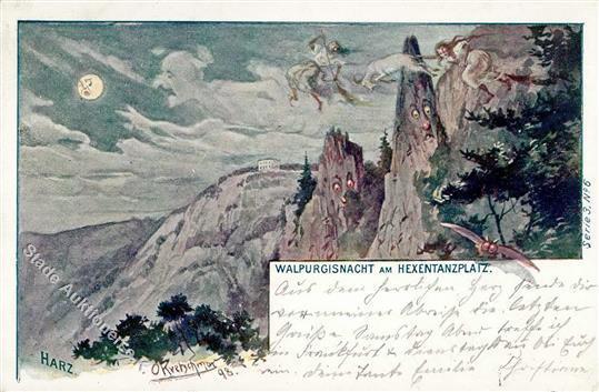 Berggesicht Sign. Kretschman, O. Walpurgisnacht Am Hexentanzplatz Eule Künstlerkarte 1903 I-II - Andere & Zonder Classificatie