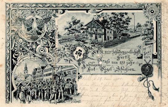 Schützenfest Fürth, 1901, Offiz. Grüngraue Fest-AK (125 Jahre Jubiläum 16-19.6.1901), Stärkere Beförderungs-, Altersspur - Altri & Non Classificati