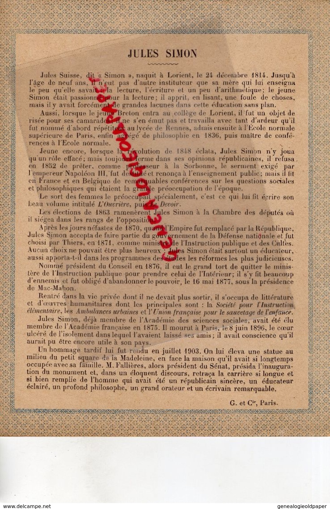 56- LORIENT-PROTEGE CAHIER- IMPRIMERIE DUCOURTIEUX LIMOGES-NOS GRANDS REPUBLICAINS XIX E SIECLE- JULES SIMON-SUISSE- - Collections, Lots & Séries