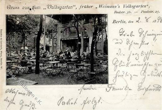 Berlin (1000) Gasthaus Volksgarten Ehem Weimanns Volksgarten Badstr. 56 Pankstr.25 1898 I-II (VS/RS Fleckig, Klebereste) - Altri & Non Classificati