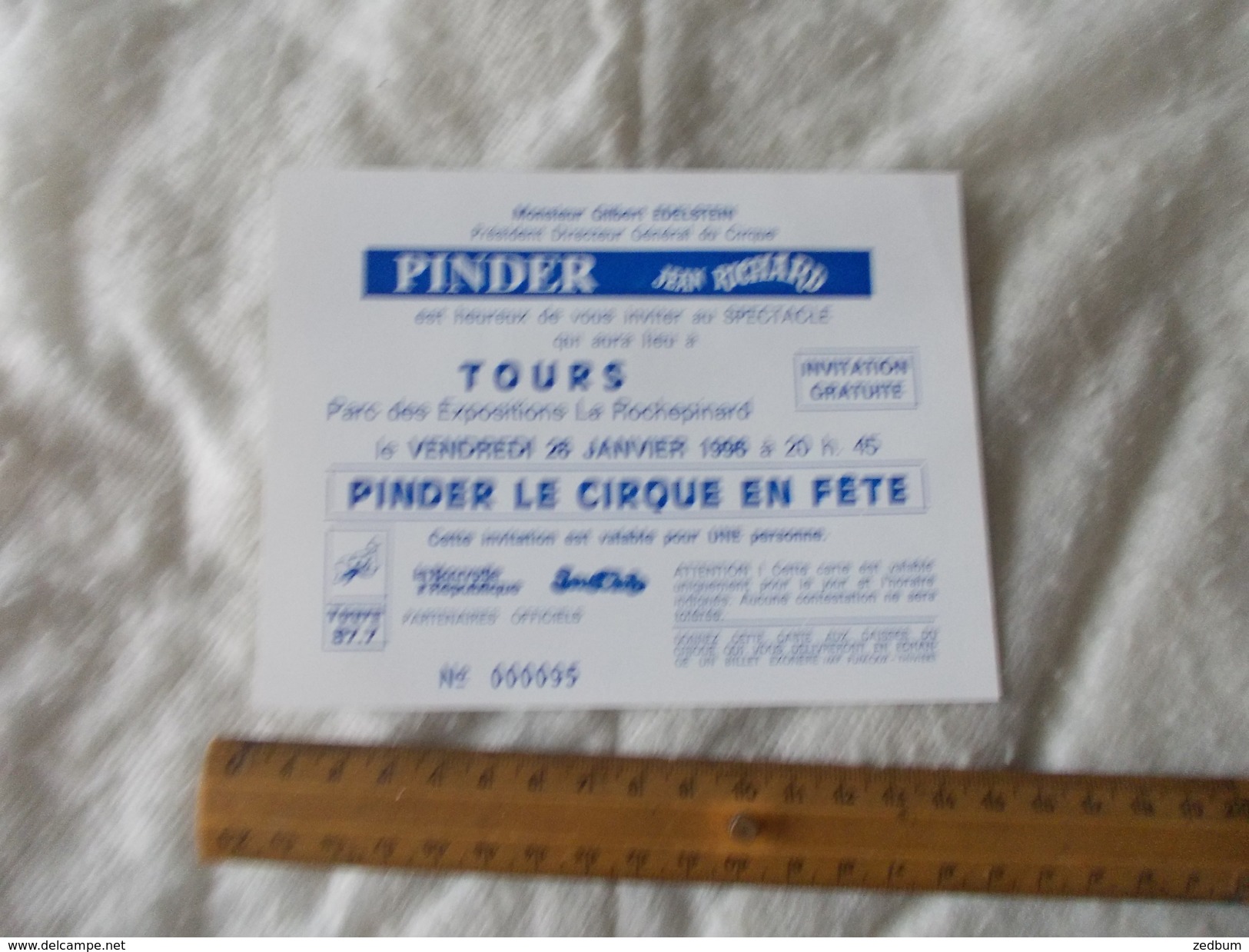 Invitation Au Cirque Pinder Jean Richard Tours Le 26 Janvier 1996 - Tickets - Vouchers