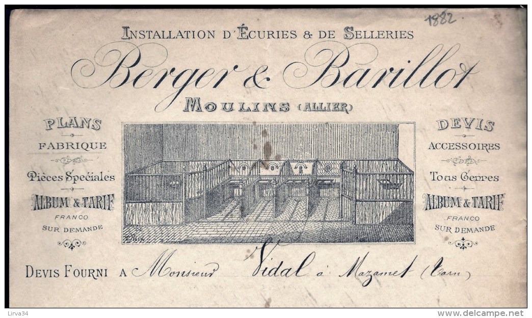 FACTURE OU LETTRE  ANCIENNE DE  MOULINS -1882-  INSTALLATION D'ÉCURIE ET SELLERIE- BELLE ILLUSTRATION-  2 SCANS- - Autres & Non Classés