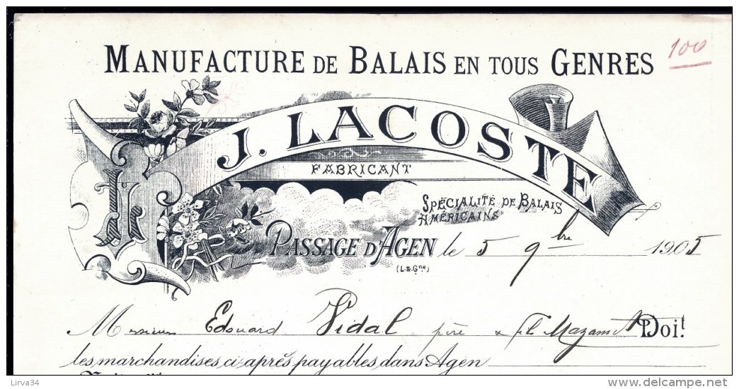 2 FACTURES ANCIENNES D'AGEN- 1905-06- MANUFACTURE DE BALAIS- 2 BELLES ILLUSTRATIONS DIFFERENTES-  3 SCANS- - Autres & Non Classés