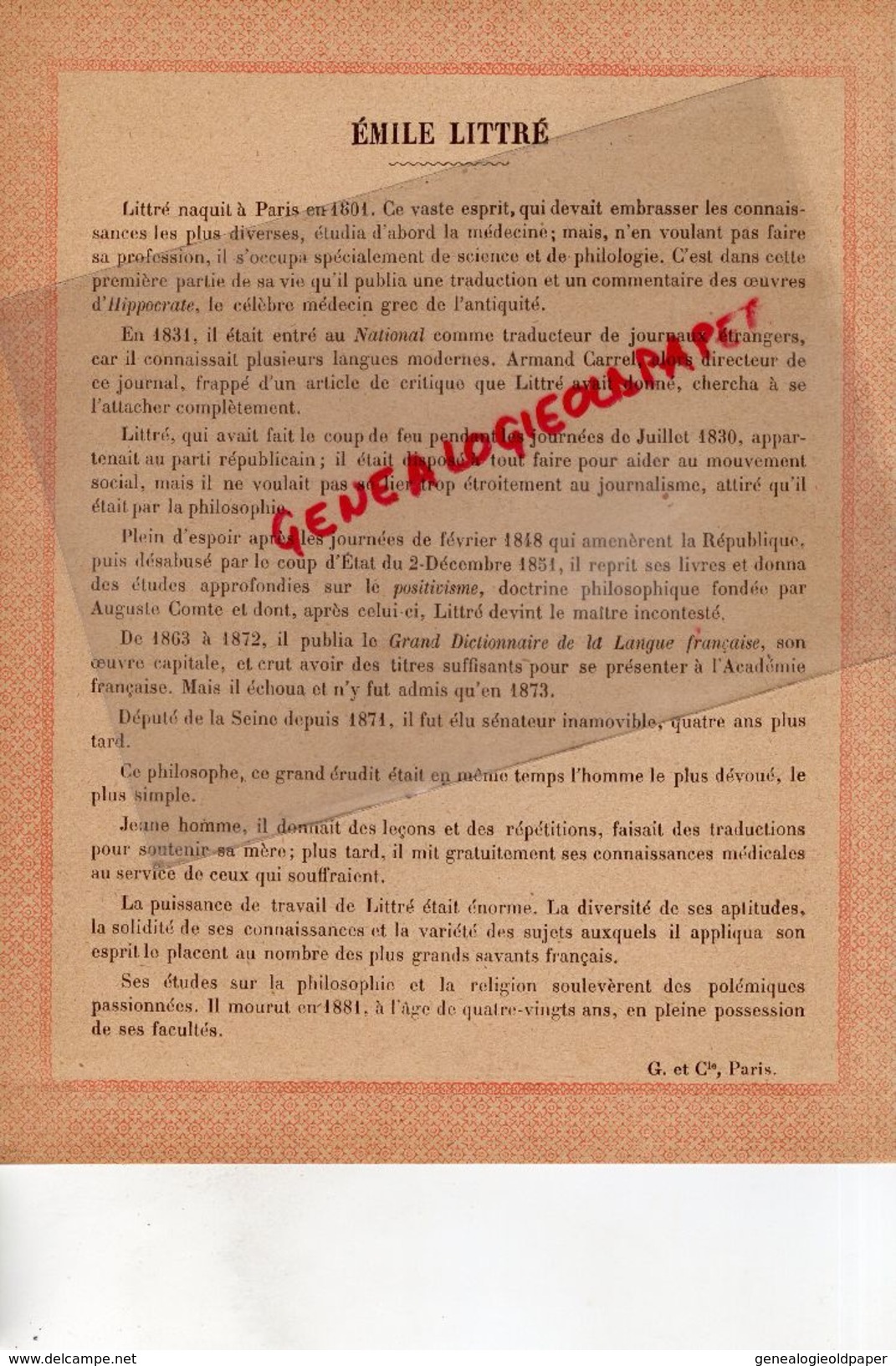 75- PARIS -PROTEGE CAHIER- IMPRIMERIE DUCOURTIEUX LIMOGES-NOS GRANDS REPUBLICAINS XIX E SIECLE-EMILE LITTRE - Verzamelingen & Reeksen