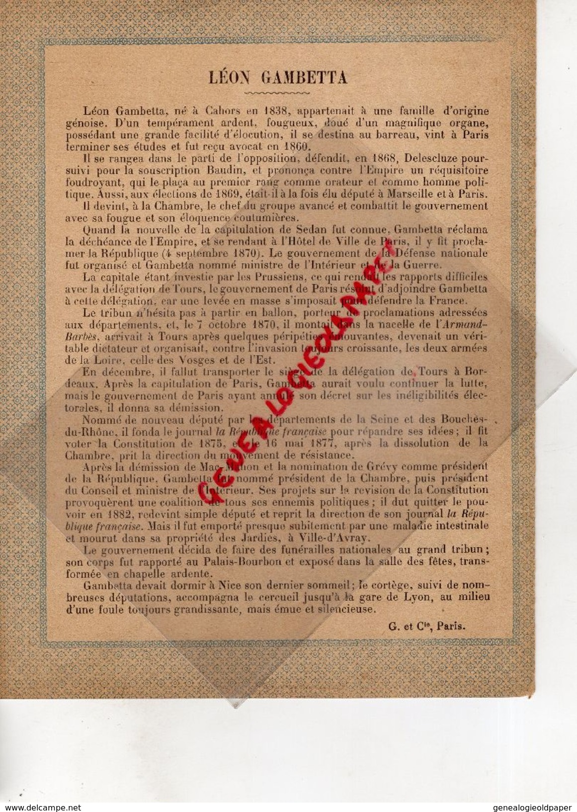 46- CAHORS-PROTEGE CAHIER- IMPRIMERIE DUCOURTIEUX LIMOGES-GRANDS REPUBLICAINS XIX E SIECLE-LEON GAMBETTA - Lots & Serien