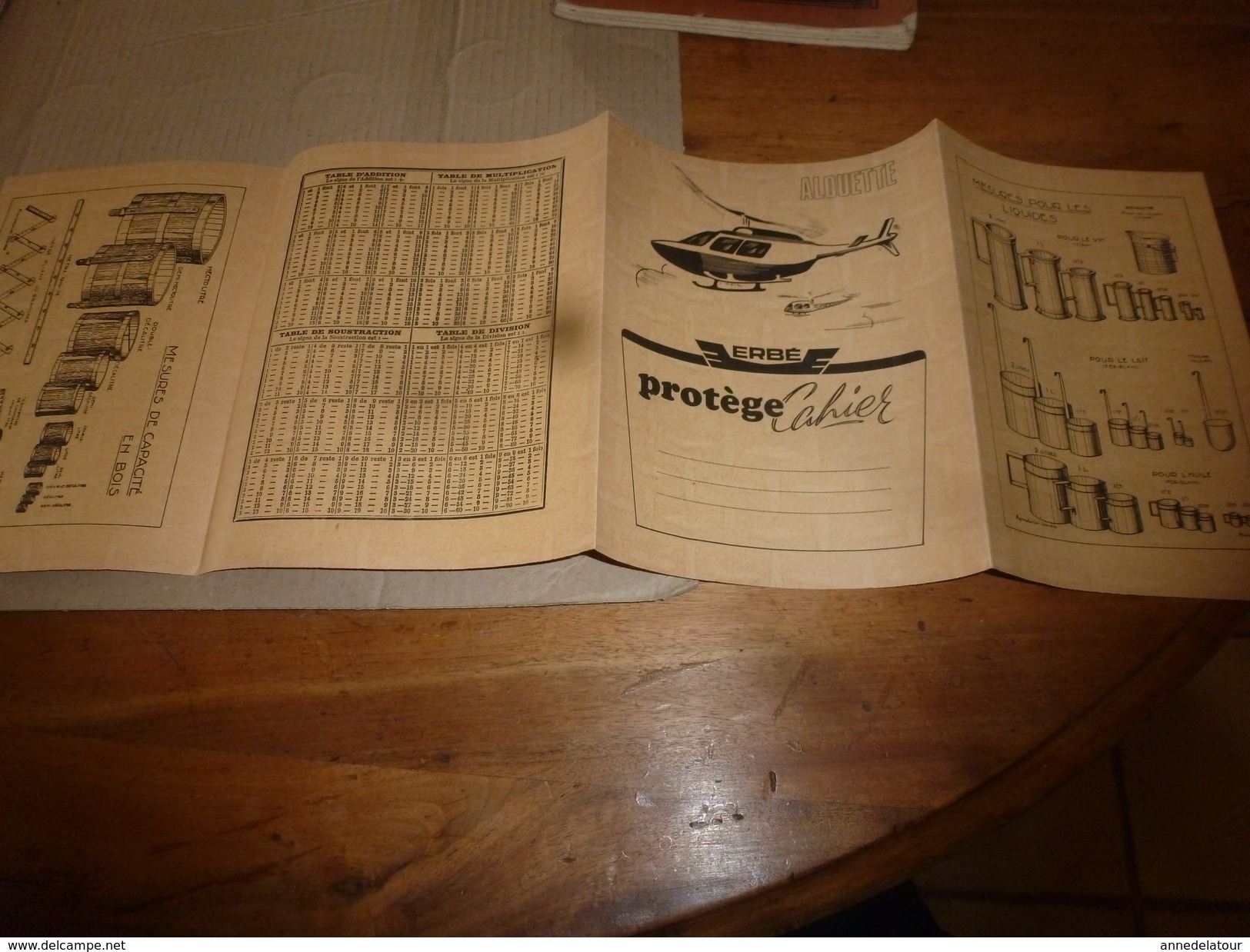 1945 Protège Cahier Pub. Hélicoptère ALOUETTE Avec Table Multiplication Et Systèmes Mesures (liquides Et Capacité) - Transporte