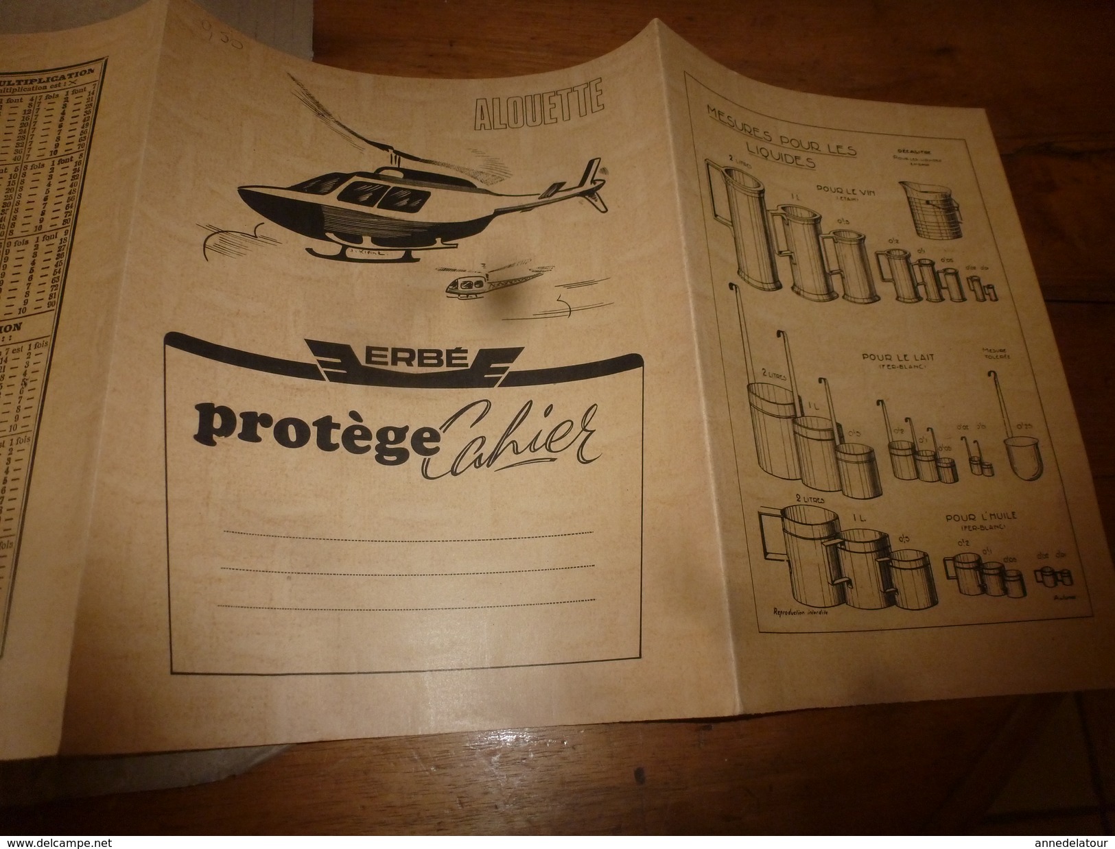 1945 Protège Cahier Pub. Hélicoptère ALOUETTE Avec Table Multiplication Et Systèmes Mesures (liquides Et Capacité) - Transports