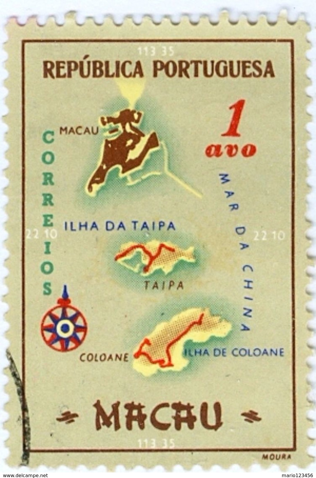 MACAO, COLONIA PORTOGHESE, PORTUGUESE COLONY, MAPPA DI MACAO, 1956,  USATI, 1 A. Michel 406   YT 375   Scott 383 - Usados