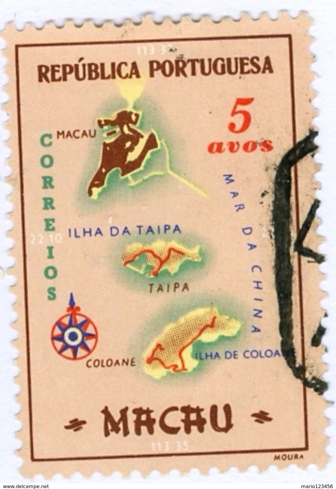 MACAO, COLONIA PORTOGHESE, PORTUGUESE COLONY, MAPPA DI MACAO, 1956, USATI, 5 A. Michel 408   YT 377   Scott 385 - Usados