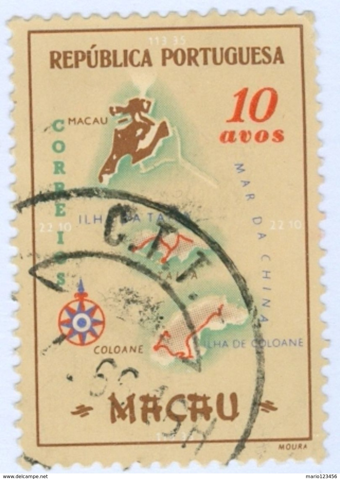 MACAO, COLONIA PORTOGHESE, PORTUGUESE COLONY, MAPPA DI MACAO, 1956, USATI, 10 A. Michel 409   YT 378   Scott 386 - Used Stamps