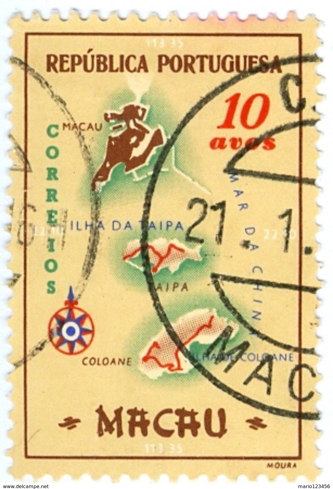 MACAO, COLONIA PORTOGHESE, PORTUGUESE COLONY, MAPPA DI MACAO, 1956, USATI, 10 A. Michel 409   YT 378   Scott 386 - Oblitérés