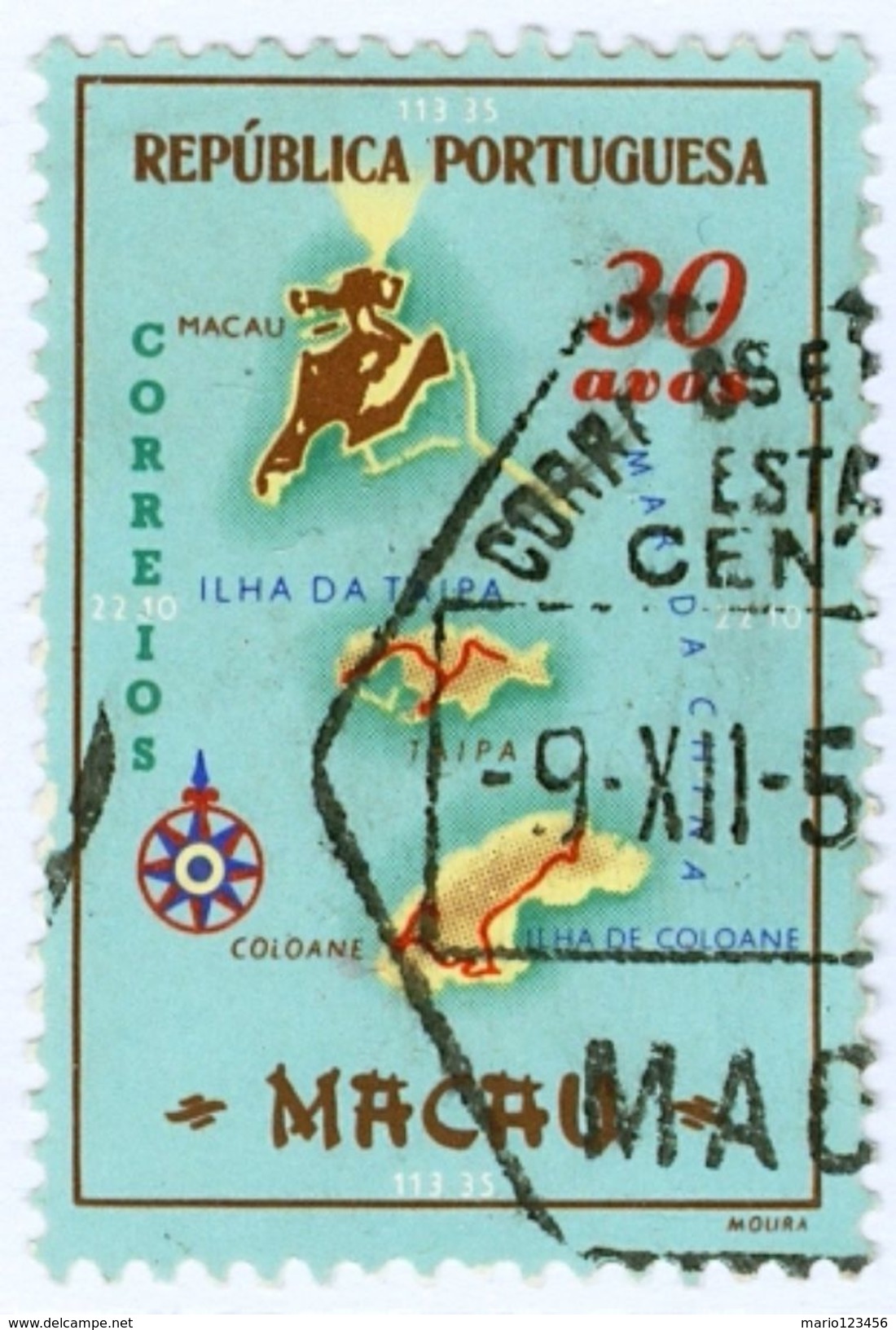 MACAO, COLONIA PORTOGHESE, PORTUGUESE COLONY, MAPPA DI MACAO, 1956, USATI, 30 A. Michel 410   YT 379   Scott 387 - Oblitérés