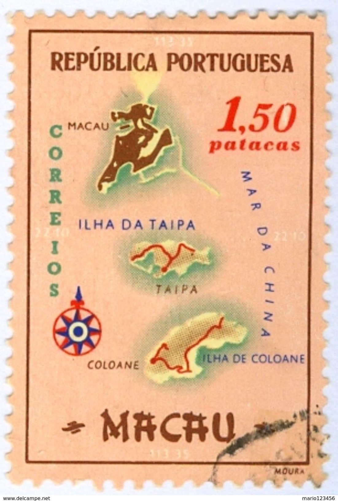 MACAO, COLONIA PORTOGHESE, PORTUGUESE COLONY, MAPPA DI MACAO, 1956, USATI, 1,50 P. Michel 413   YT 382   Scott 390 - Used Stamps