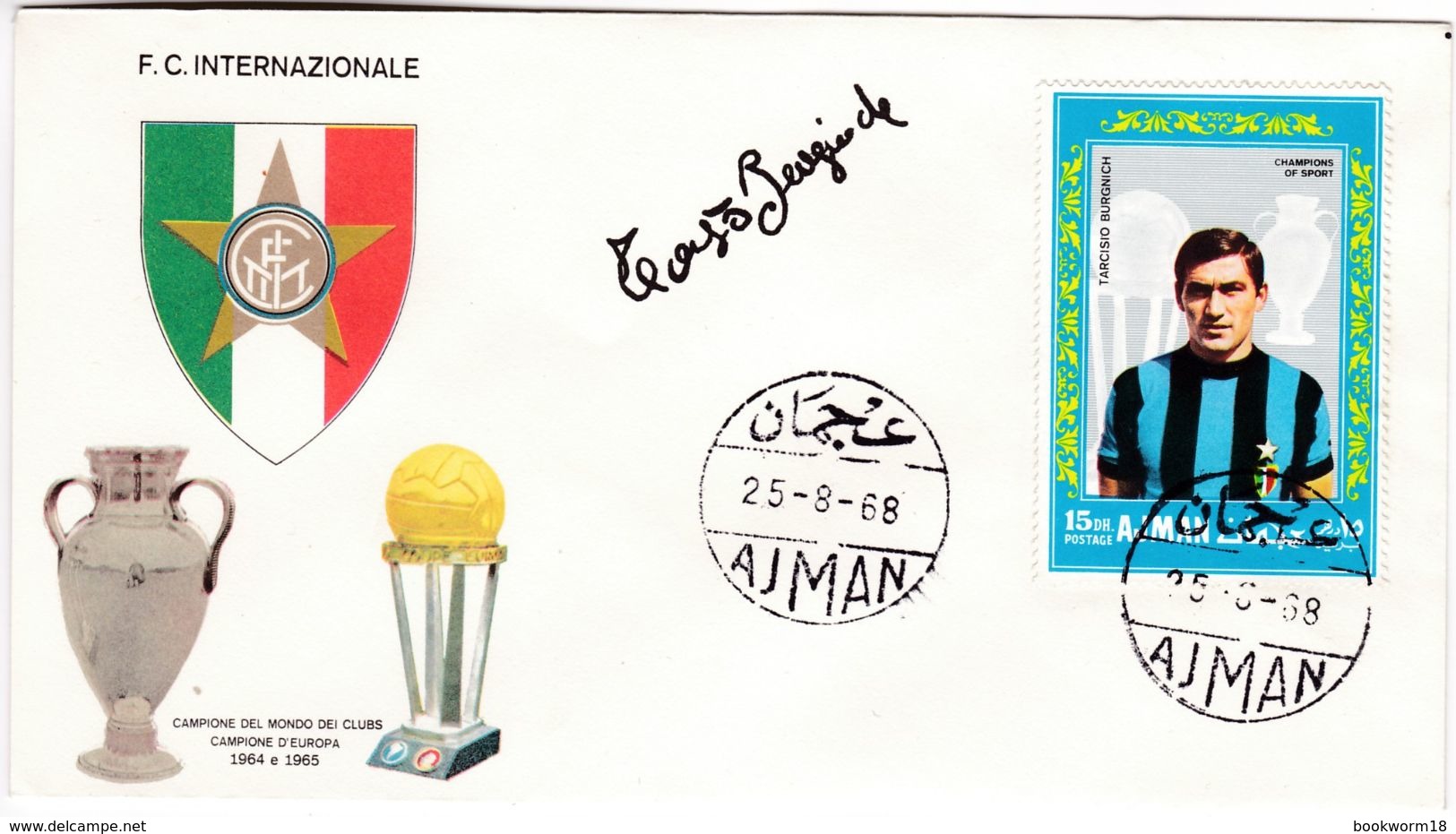 M145 Calcio Soccer Football FC Internazionale TARCISIO BURGNICH Autograph Signature 1968 Ajman FDC - Clubs Mythiques