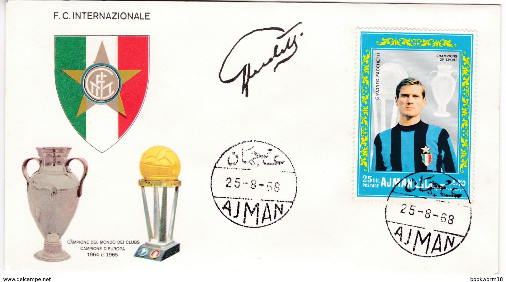 M147 Calcio Soccer Football FC Internazionale GIACINTO FACCHETTI Autograph Signature 1968 Ajman FDC - Clubs Mythiques