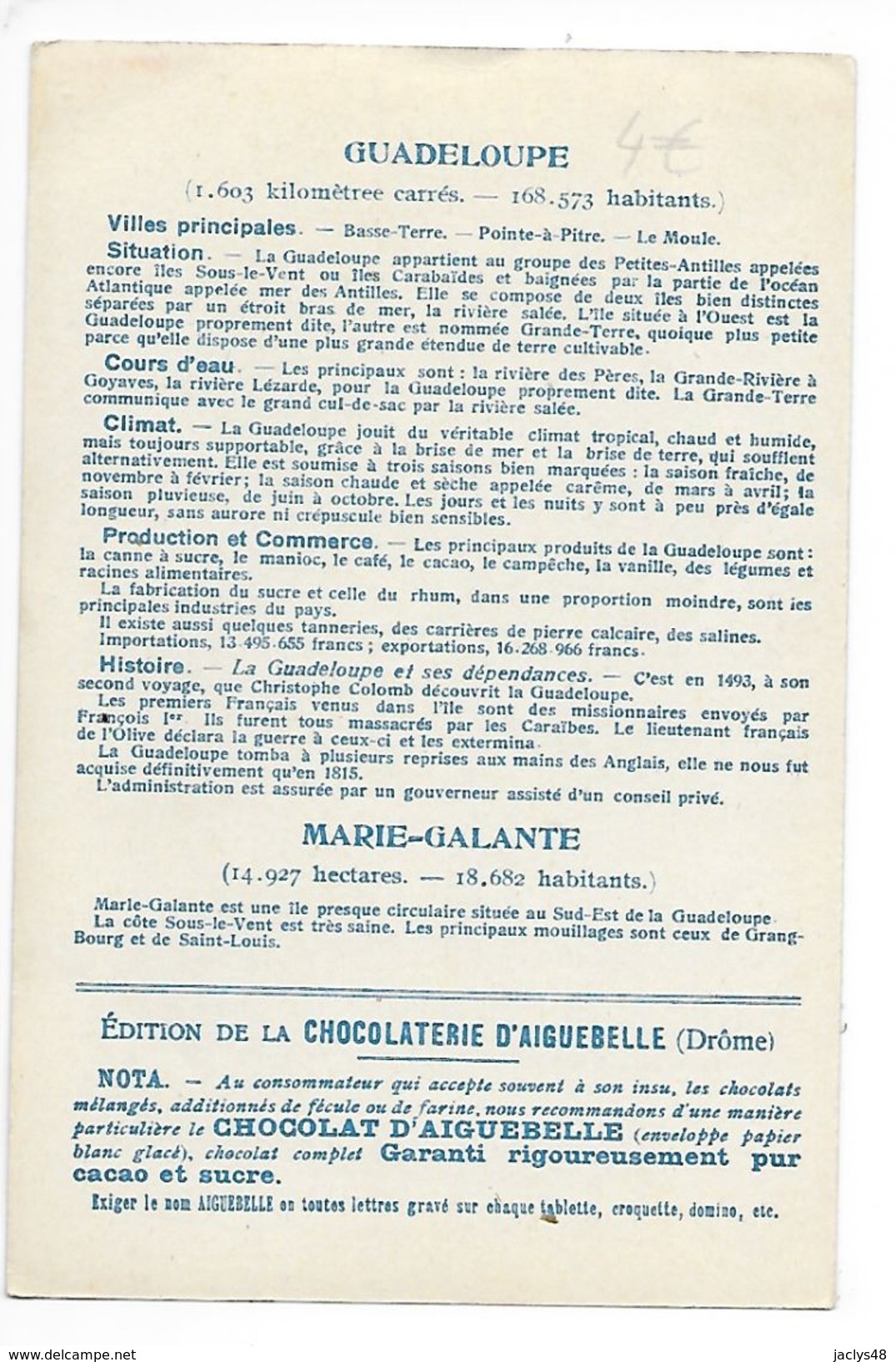 LES COLONIES FRANCAISES - GUADELOUPE , MARIE-GALANTE - Chocolaterie D'Aiguebelle -   -  L 1 - Autres & Non Classés