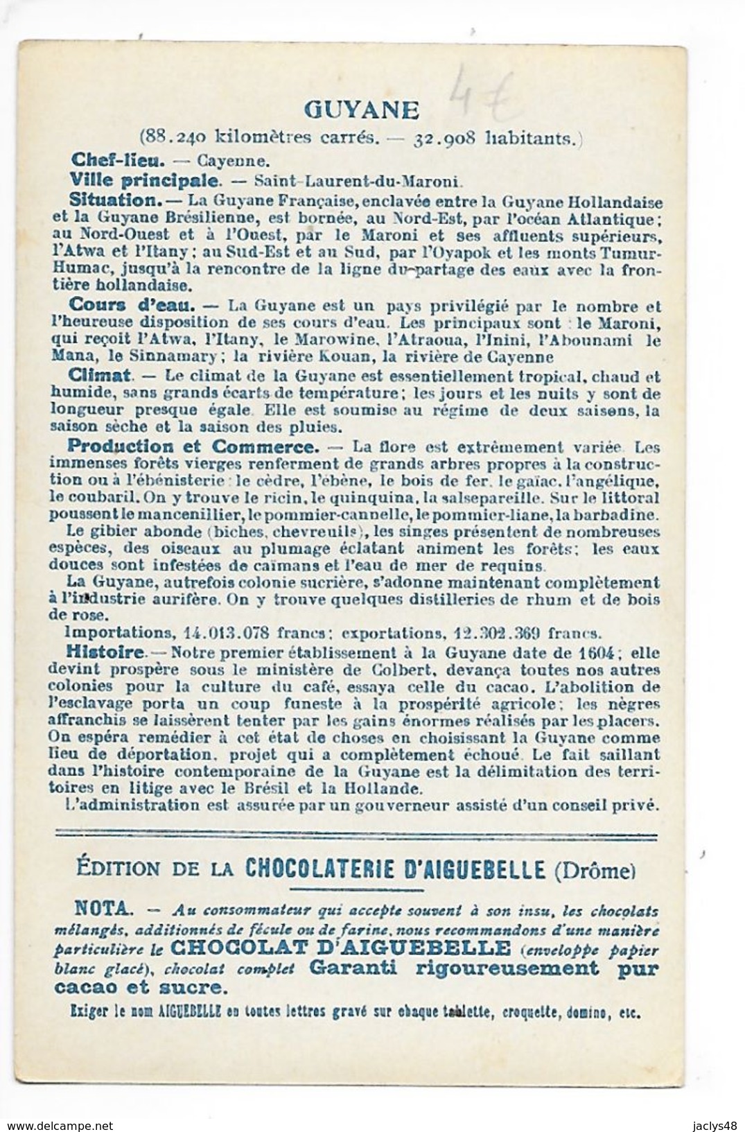 LES COLONIES FRANCAISES - GUYANE - Chocolaterie D'Aiguebelle -   -  L 1 - Autres & Non Classés