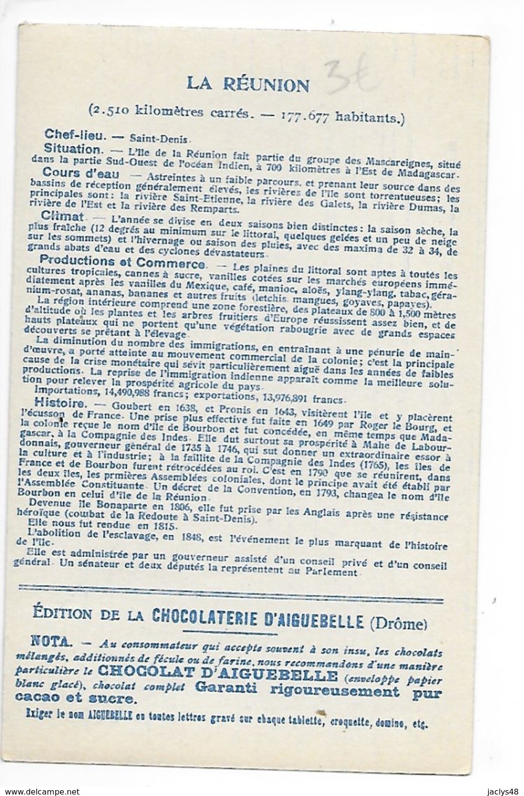 LES COLONIES FRANCAISES - Ile De La REUNION - Chocolaterie D'Aiguebelle -   -  L 1 - Autres & Non Classés