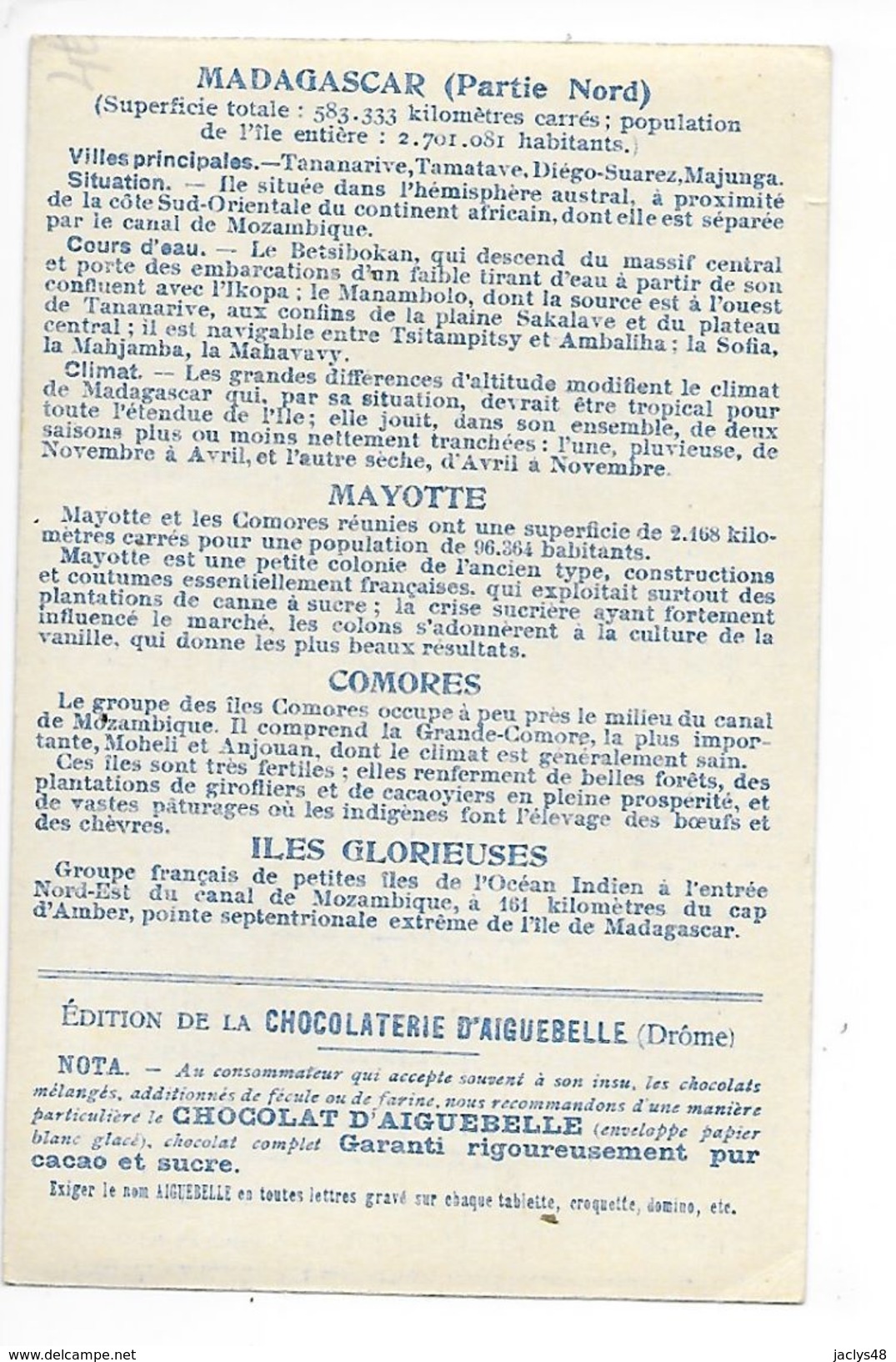 LES COLONIES FRANCAISES - 2 Chromos MADAGASCAR Nord Et Sud - Chocolaterie D'Aiguebelle -   -  L 1 - Autres & Non Classés