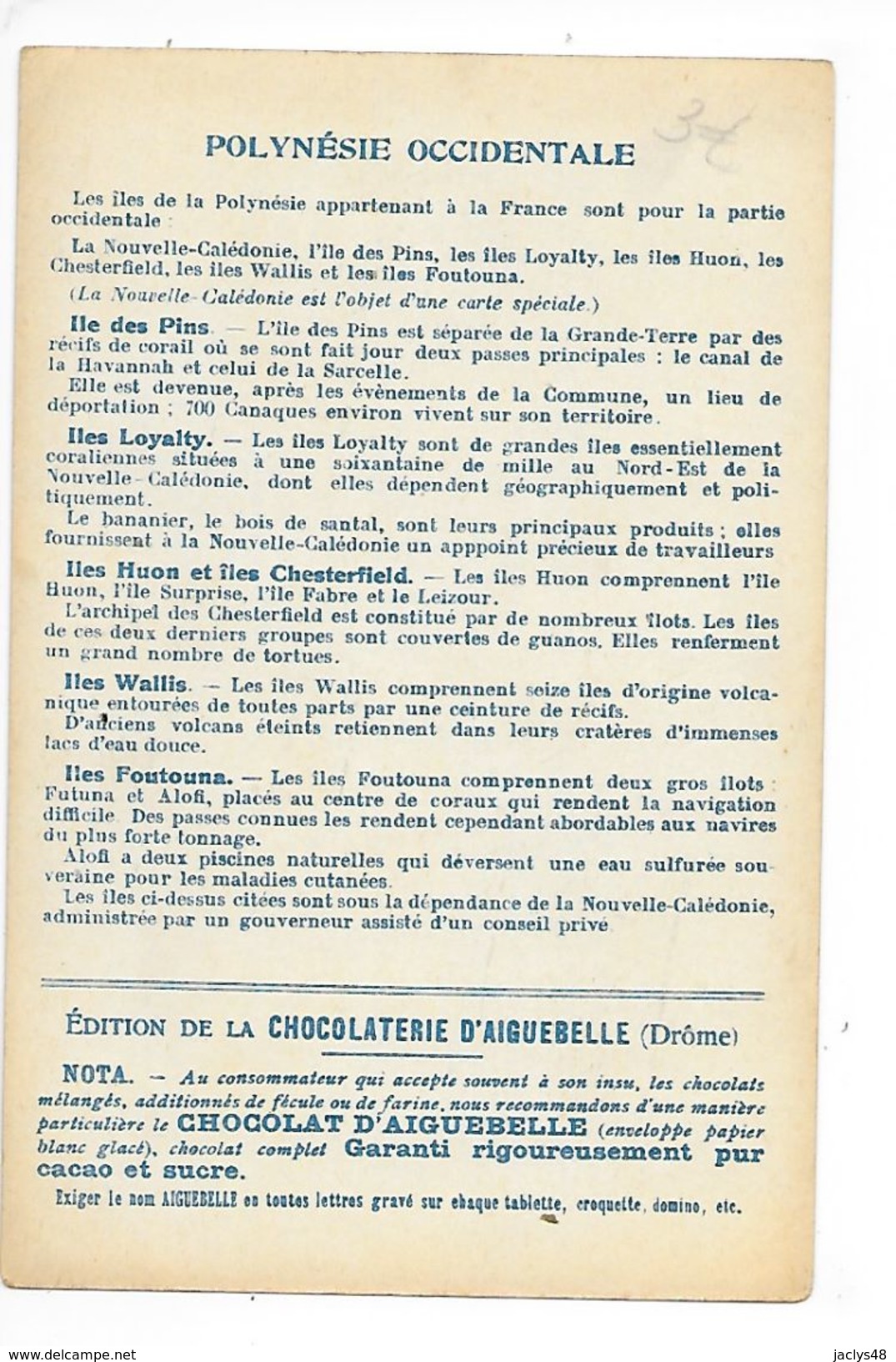 LES COLONIES FRANCAISES - 2 Chromos POLYNESIE Orientale Et Occidentale - Chocolaterie D'Aiguebelle -   -  L 1 - Autres & Non Classés