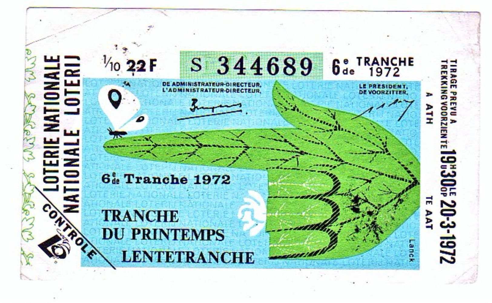 Billet Loterie Belgique, Tranche Du Printemps  1972 - Billets De Loterie