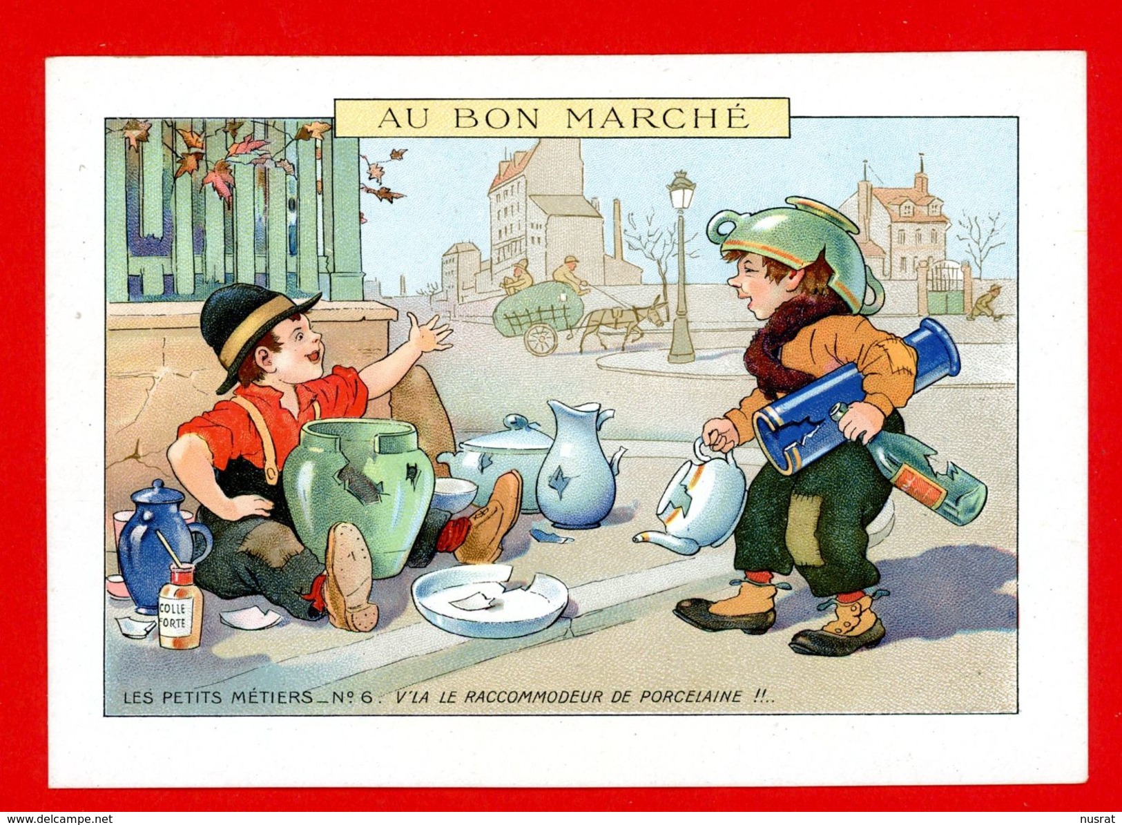 Au Bon Marché, Chromo Grand Format Lith. SIT-24 Les Petits Métiers, Raccomodeur Porcelaine, Victorian Trade Card - Au Bon Marché