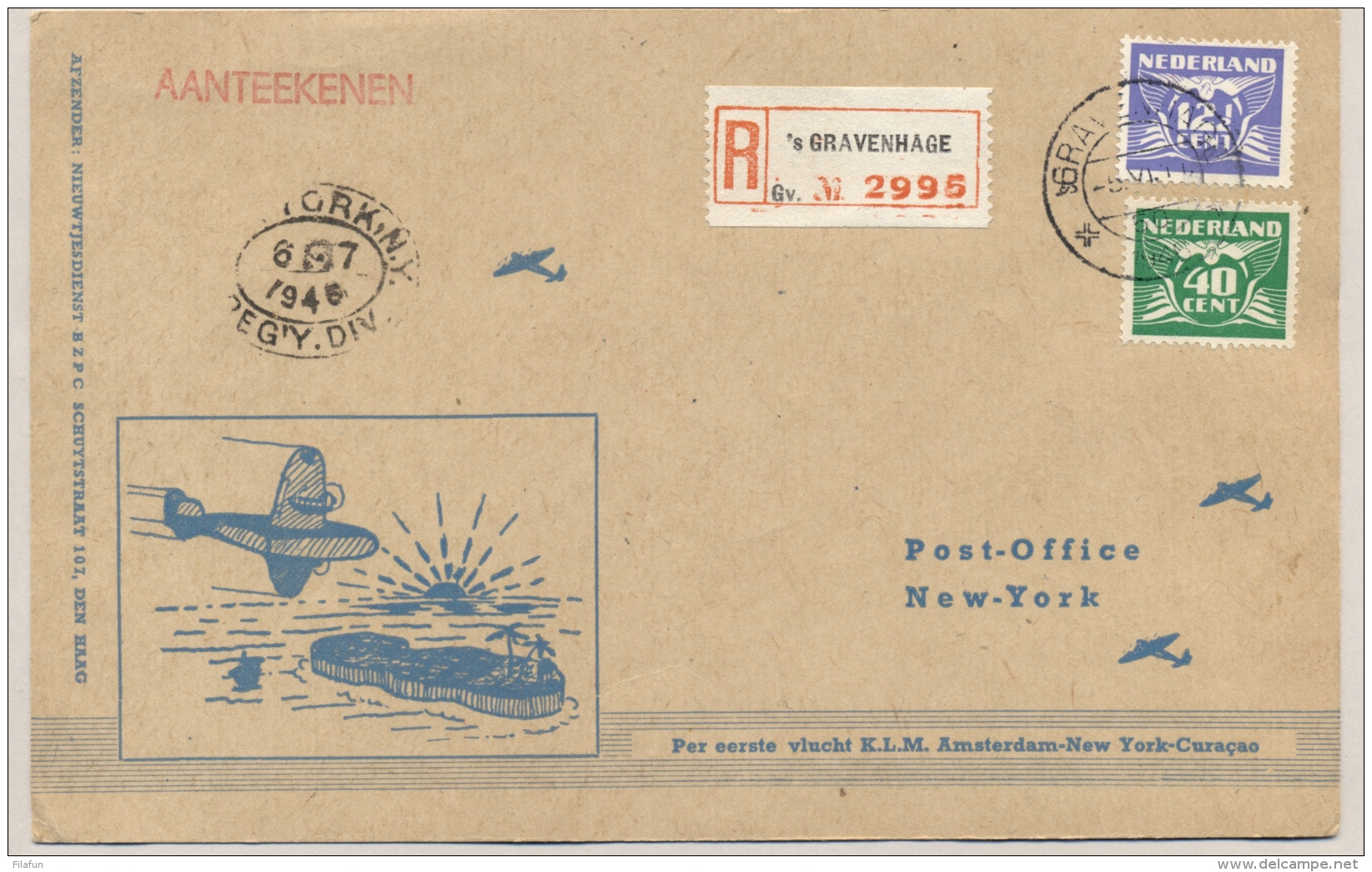 Nederland - 1946 - Trajectpost Naar New York Met 1e KLM Flight Amsterdam - New York - Curacao  - Special Card - Brieven En Documenten