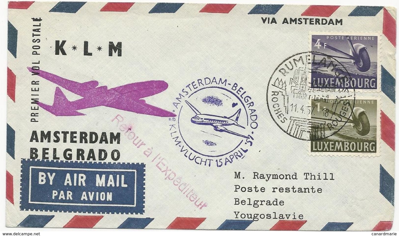 LETTRE 1957 DE RUMELANGE AVEC CACHET 1° VOL K.L.M. AMSTERDAM-BELGRADE - Briefe U. Dokumente