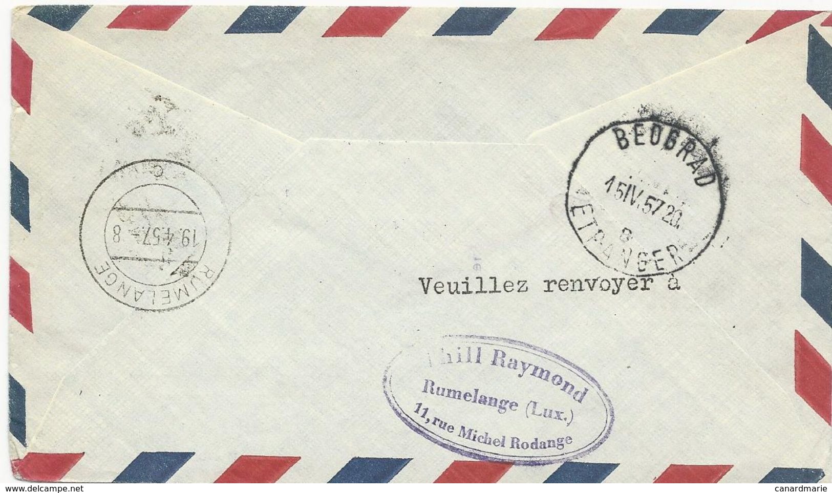 LETTRE 1957 DE RUMELANGE AVEC CACHET 1° VOL K.L.M. AMSTERDAM-BELGRADE - Briefe U. Dokumente