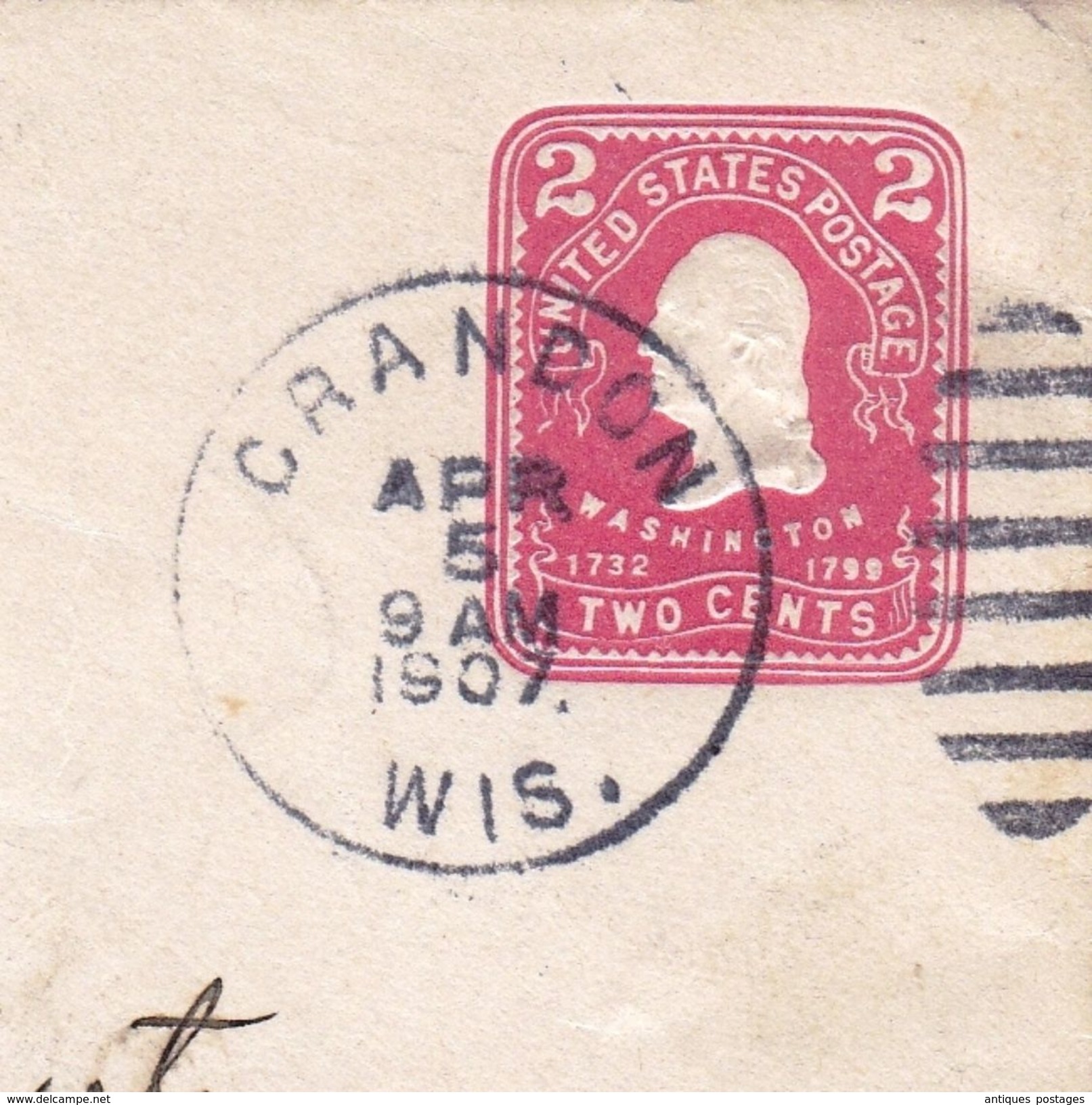 Lettre Entier Postal Crandon Wisconsin USA The Page Landeck Lumber Co. 1907 Two Cents George Washington New London - 1901-20
