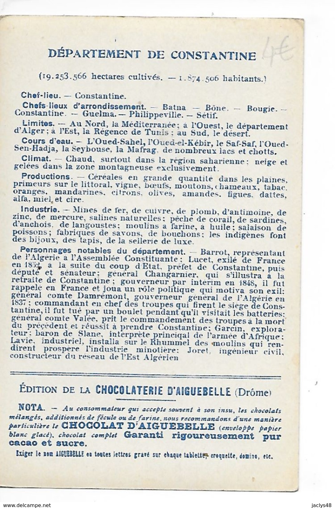 LES  DEPARTEMENTS  - CONSTANTINE  - Chocolaterie D'Aiguebelle -   -  L 1 - Autres & Non Classés