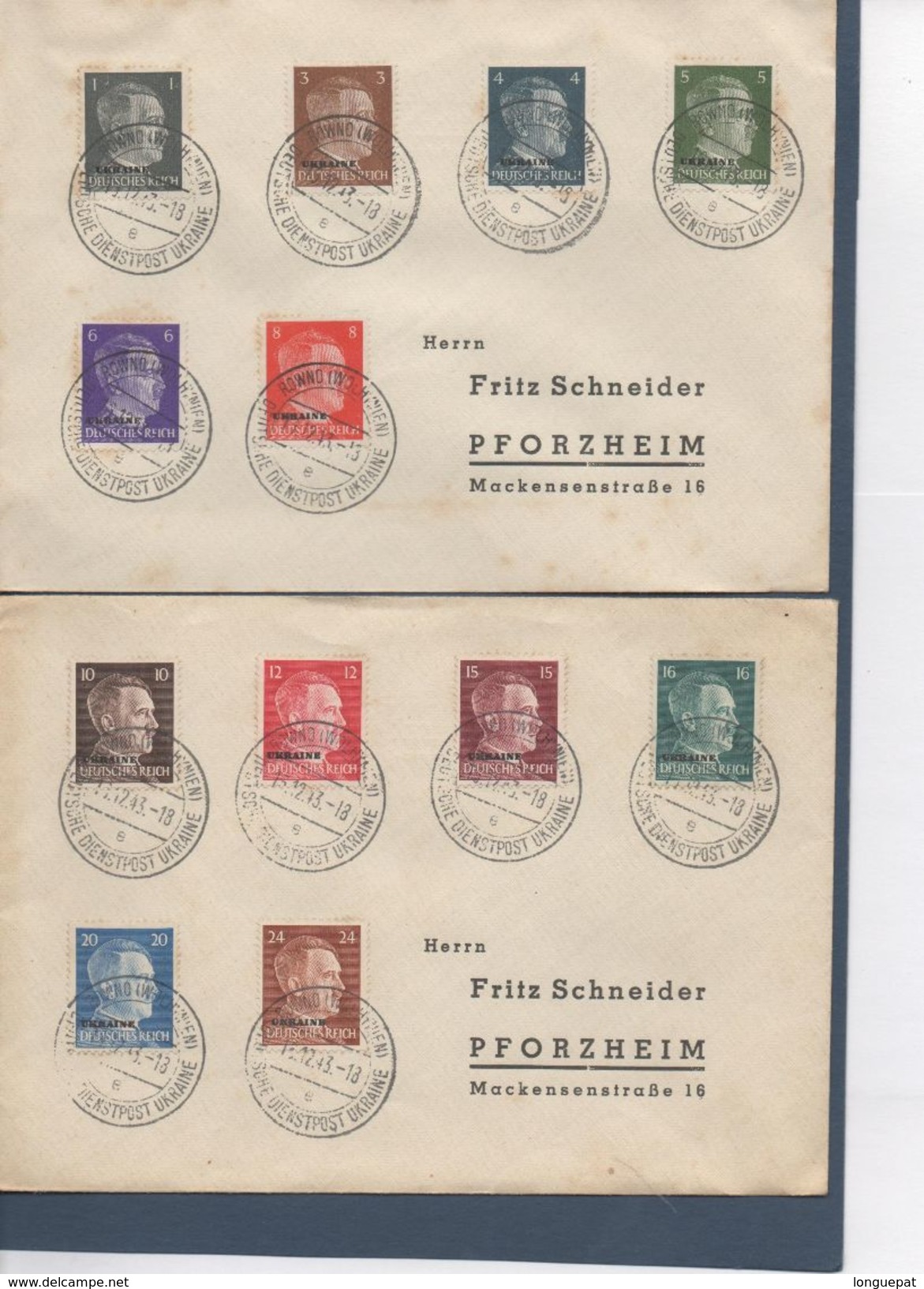 Allemagne - Effigie D'Hitler - Timbres De 1941-43 Surchargés "UKRAINE" , Cachet De ROWNO (RIVNE) Du 13 Décembre 1943 - Briefe U. Dokumente