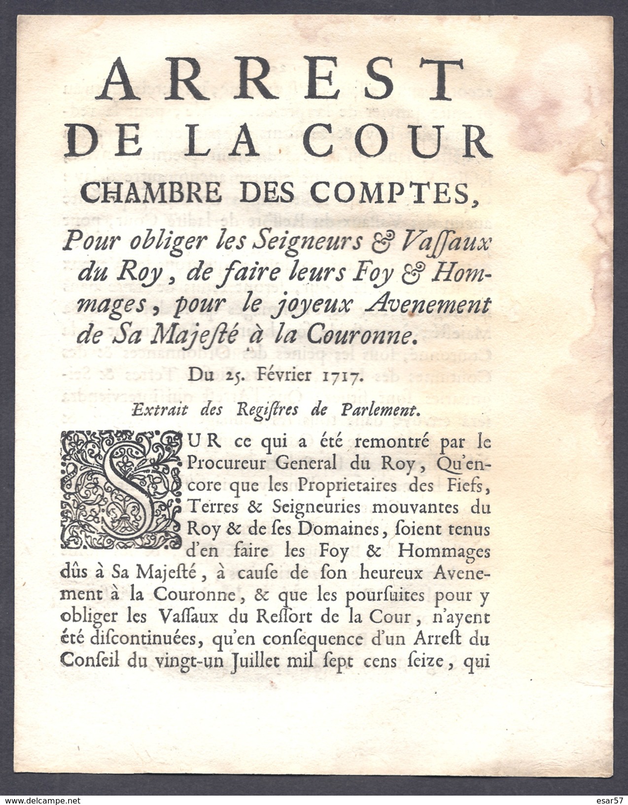 ARREST De La Cour Chambre Des Comptes Avènement De Louis XV  METZ 25 FEVRIER 1717 - Décrets & Lois