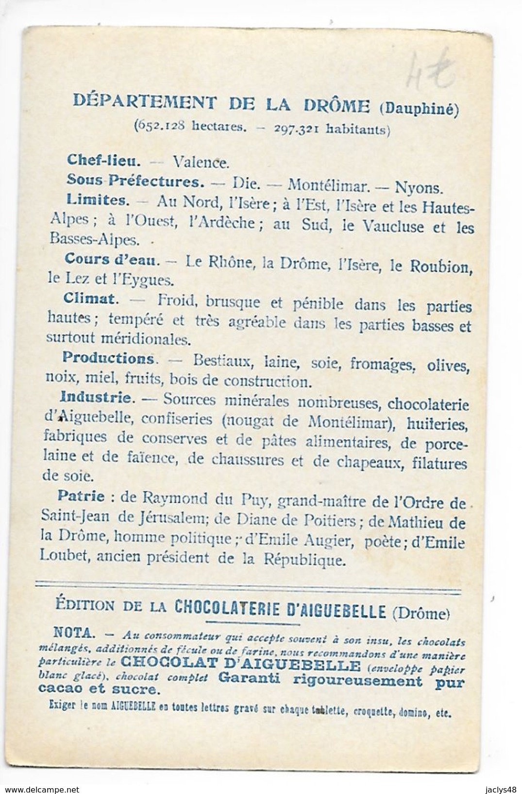 LES  DEPARTEMENTS  - DROME   - Chromo Chocolaterie D'Aiguebelle -   -  L 1 - Autres & Non Classés