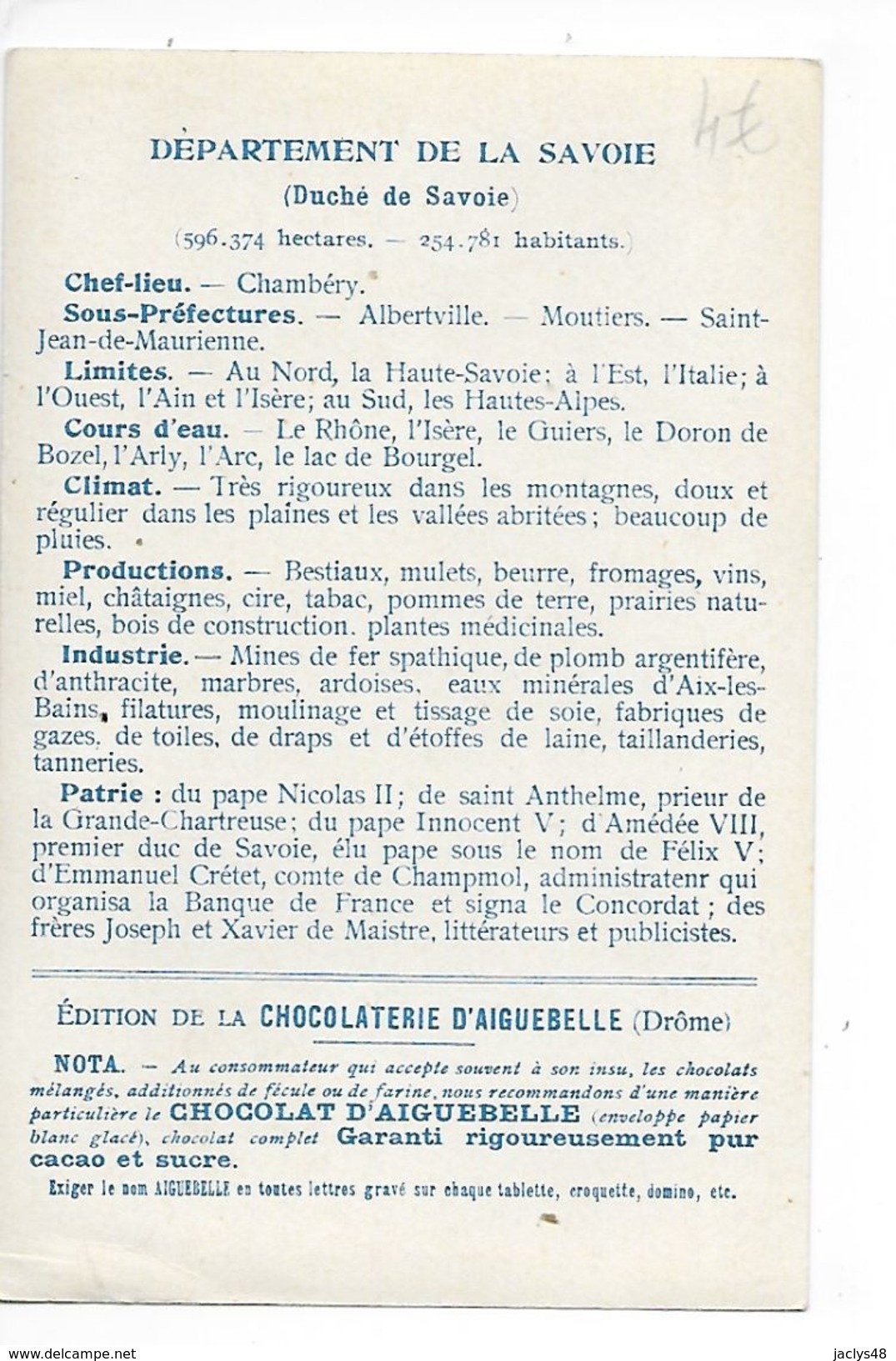 LES  DEPARTEMENTS  - EURE Et LOIR   - Chromo Chocolaterie D'Aiguebelle -   -  L 1 - Autres & Non Classés