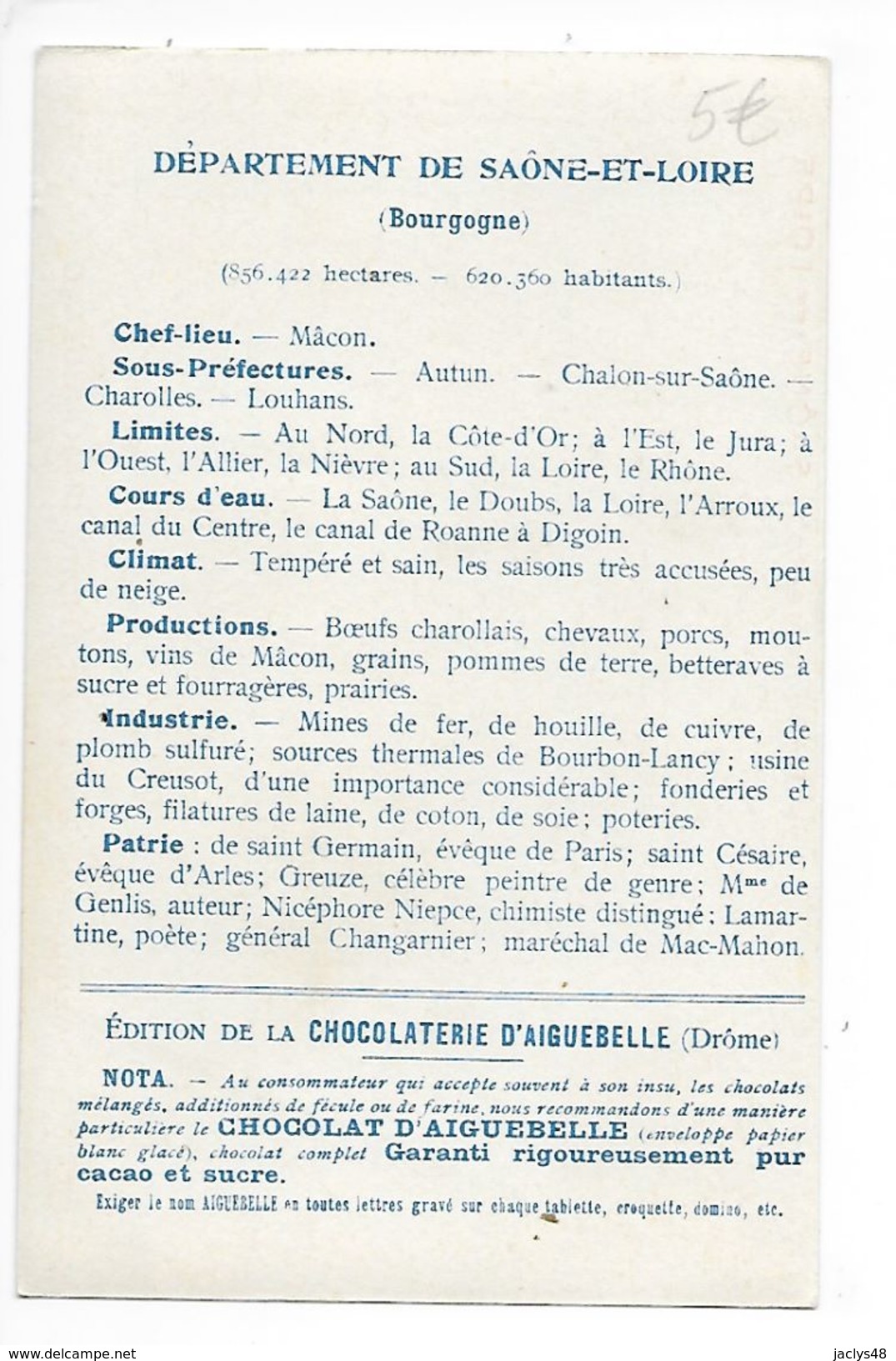 LES  DEPARTEMENTS  -  SAONE Et LOIRE   - Chromo Chocolaterie D'Aiguebelle -   -  L 1 - Autres & Non Classés