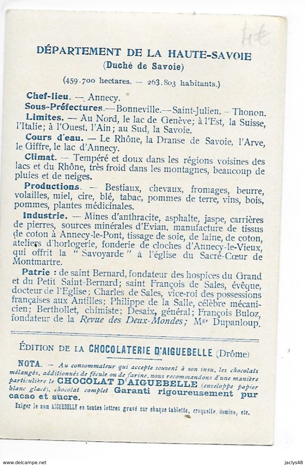 LES  DEPARTEMENTS  -  HAUTE-SAVOIE   - Chromo Chocolaterie D'Aiguebelle -   -  L 1 - Other & Unclassified