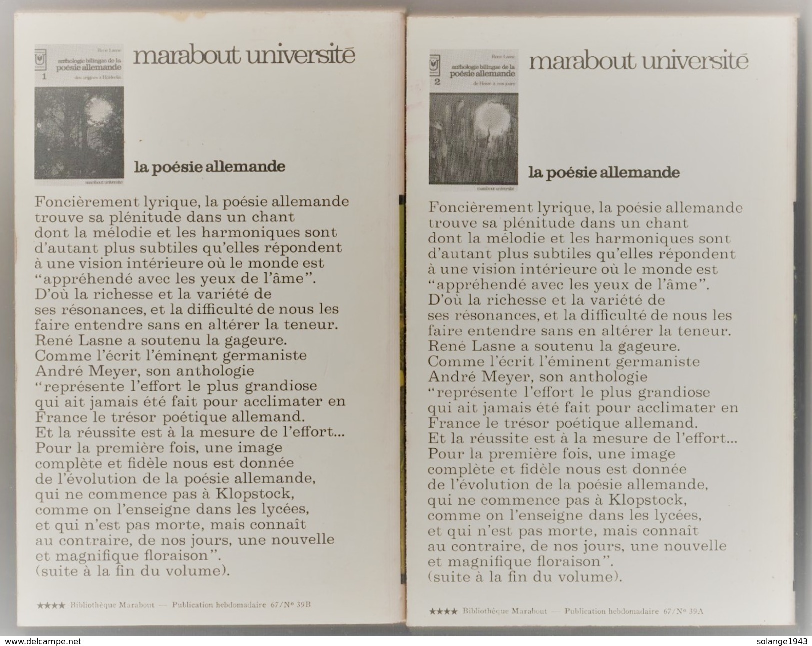 Anthologie De La Poesie Allemande 2 Volumes Edit Marabout 1967 "TTB état " (bib8) - Autres & Non Classés