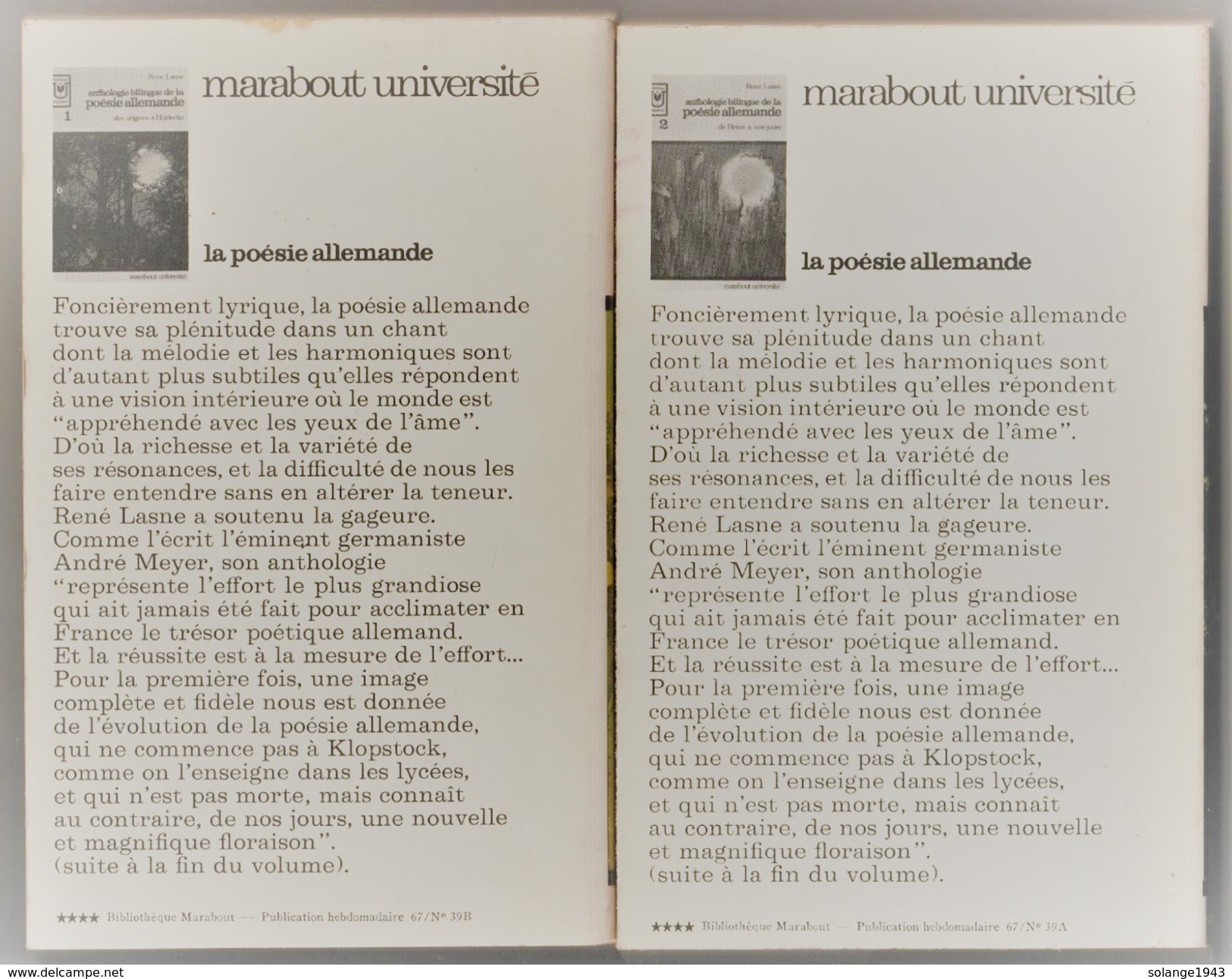 Anthologie De La Poesie Allemande 2 Volumes Edit Marabout 1967 "TTB état " (bib8) - Other & Unclassified